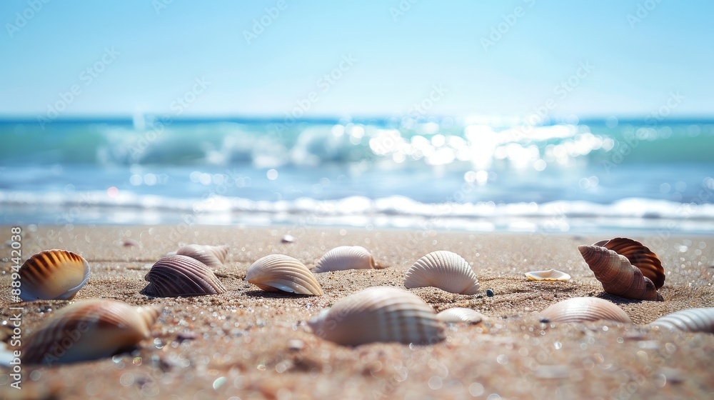 The beach is covered in shells and foam. The shells are scattered across the sand, and the foam is in the water. The scene is peaceful and relaxing, with the sound of the waves The beach is covered in shells and foam. The shells are scattered across the sand, and the foam is in the water. The scene is peaceful and relaxing, with the sound of the waves