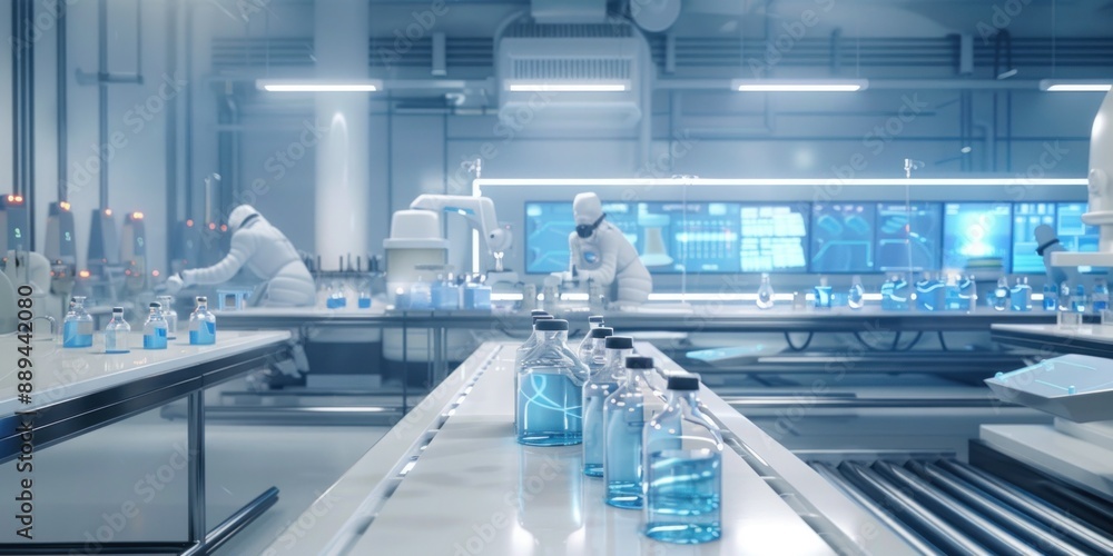 Obraz premium futuristic pharmaceutical production line robotic arms handling glass vials sterile