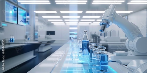 futuristic pharmaceutical production line robotic arms handling glass vials sterile