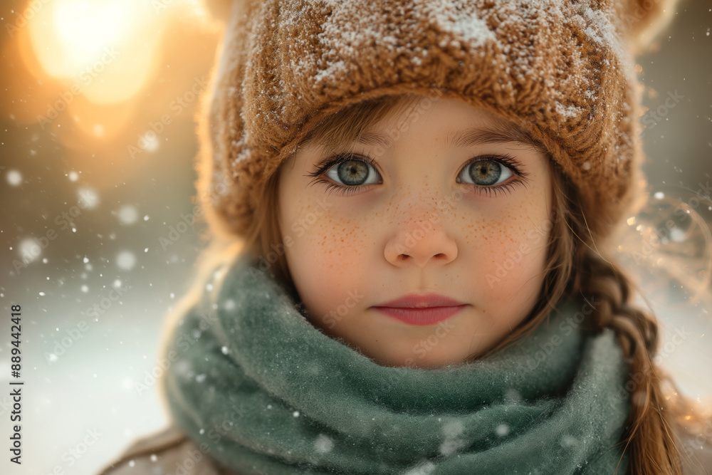 Adorable winter portrait of young little girl with knit hat and scarf, surrounded by gently falling snow in serene winter setting evoking innocence and joy of childhood in peaceful snowfall Adorable winter portrait of young little girl with knit hat and scarf, surrounded by gently falling snow in serene winter setting evoking innocence and joy of childhood in peaceful snowfall