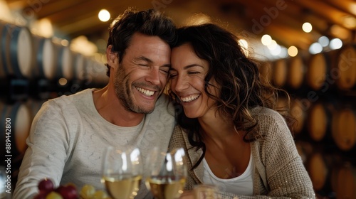 A joyful couple enjoying drinks together, surrounded by a warm, rustic setting with barrel decor, indicating a relaxed and charming atmosphere. photo