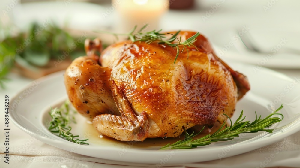 gourmet roast chicken on elegant white plate golden gourmet roast chicken on elegant white plate golden