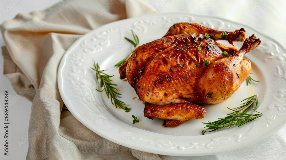 gourmet roast chicken on elegant white plate golden gourmet roast chicken on elegant white plate golden