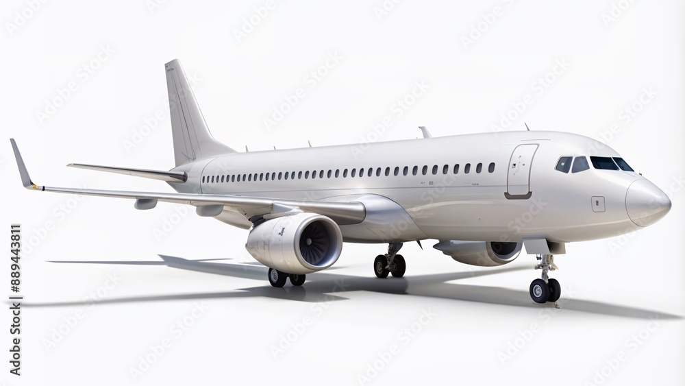 Close-up side view of a sleek white airplane isolated on a white background, conveying a sense of freedom and adventure, perfect for travel and vacation designs. Close-up side view of a sleek white airplane isolated on a white background, conveying a sense of freedom and adventure, perfect for travel and vacation designs.