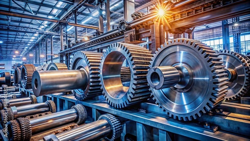 Industrial steel manufacturing facility machinery gears in action, showcasing technological advancements and raw power in a complex network of heavy metal components.