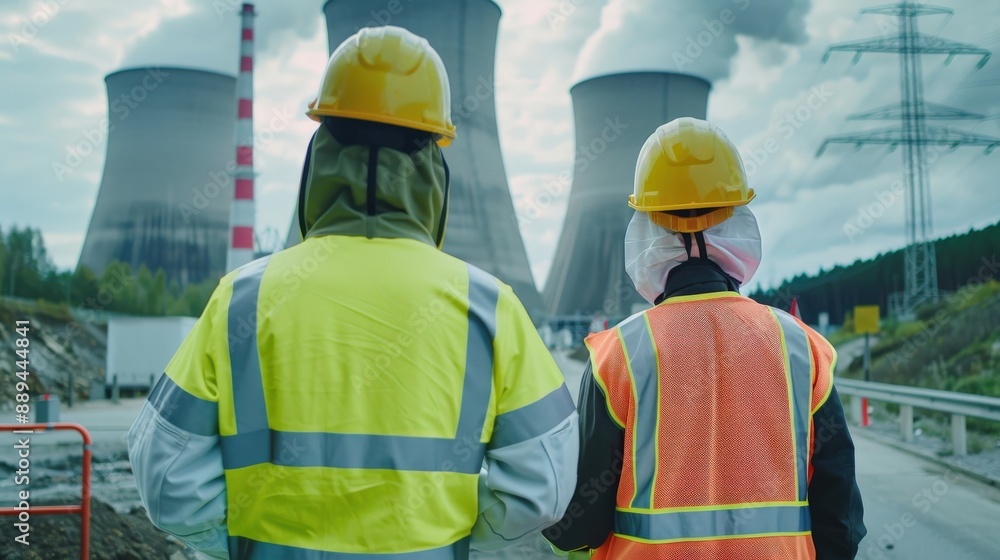 A workers in protective gear are walking through a nuclear plant. A workers in protective gear are walking through a nuclear plant.