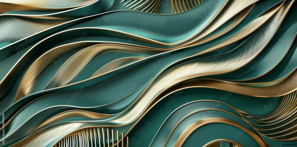 Cool blues and greens are combined with gold shapes to create an abstract wallpaper with patterns and lines Cool blues and greens are combined with gold shapes to create an abstract wallpaper with patterns and lines