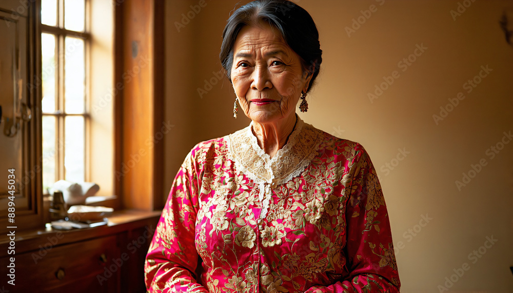 Elderly Peranakan Woman in Intricately Embroidered Kebaya Elderly Peranakan Woman in Intricately Embroidered Kebaya