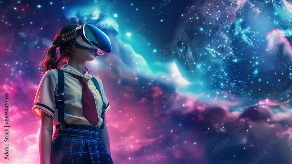 School girl in uniform with VR headset against cosmic background, experiencing space exploration and educational discovery. School girl in uniform with VR headset against cosmic background, experiencing space exploration and educational discovery.
