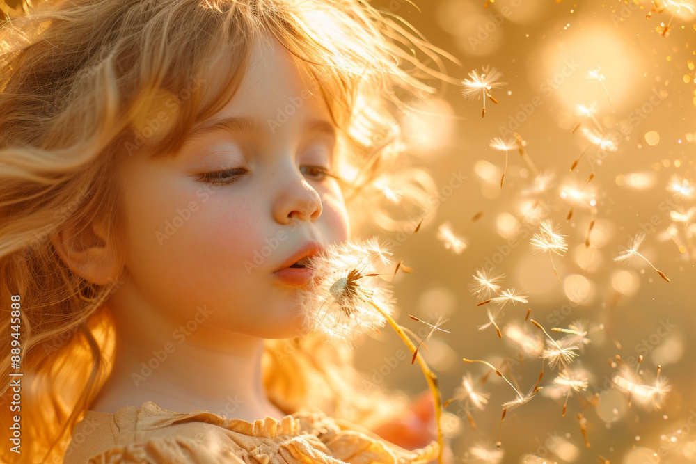 Fototapeta premium Young girl blows dandelion in field, bathed in warm golden sunlight, capturing moment of innocence and joy, little girl portrait evoking feelings of nostalgia and happiness