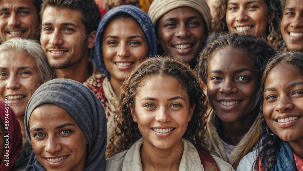 Vibrant crowd radiating smiles and unity, showcasing a diverse community full of joy and connection. Perfect for representing diversity and communal harmony.