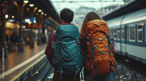 A couple with backpacks standing at a train station