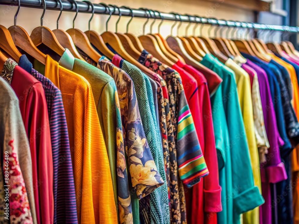 A stylish row of diverse garments hangs neatly on a rack, showcasing vibrant colors, textures, and styles, ideal for highlighting fashion trends and wardrobe options. A stylish row of diverse garments hangs neatly on a rack, showcasing vibrant colors, textures, and styles, ideal for highlighting fashion trends and wardrobe options.