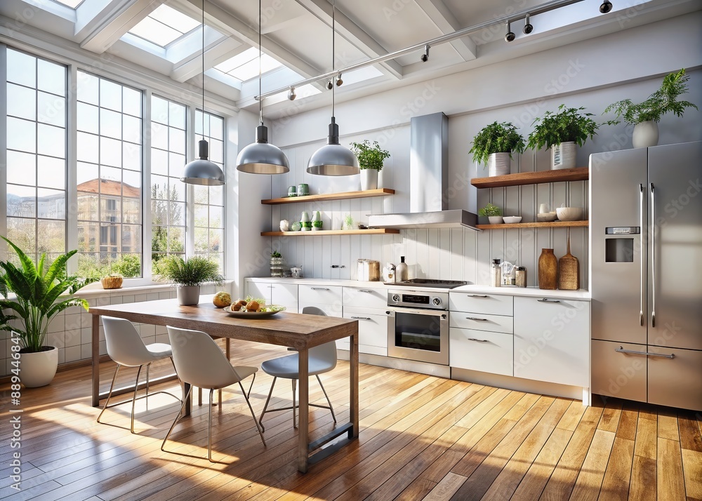Bright and airy modern Scandinavian kitchen with sleek stainless steel appliances, minimalist decor, and wooden flooring under average height ceiling. Bright and airy modern Scandinavian kitchen with sleek stainless steel appliances, minimalist decor, and wooden flooring under average height ceiling.