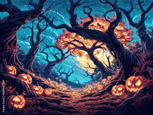 Spooky Halloween night scene with glowing Jack-o'-lanterns and twisted trees under a moonlit sky, creating an eerie atmosphere.