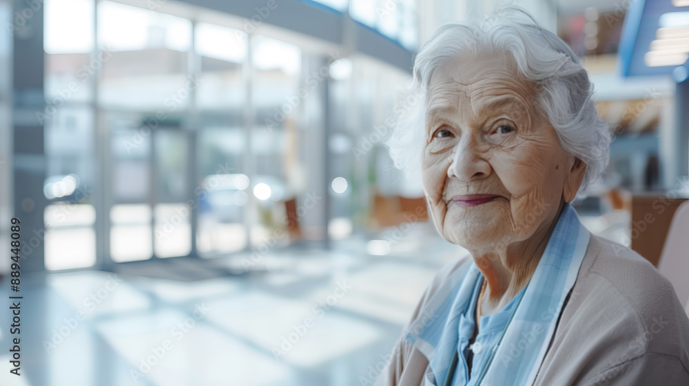 An 80-year-old woman in a clean and very well-lit hospital reception. An 80-year-old woman in a clean and very well-lit hospital reception.