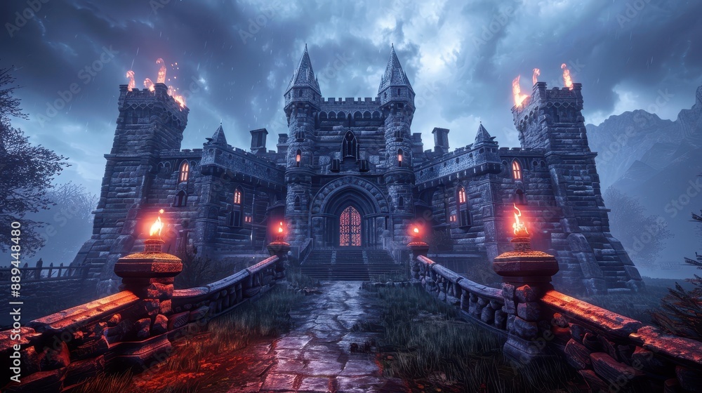 Naklejka premium Majestic medieval castle shrouded in mist with glowing torches, creating a mysterious and eerie ambiance.