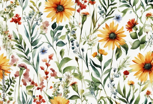 scattered floral wildflowers Summer seamless plants leaves pattern Watercolor