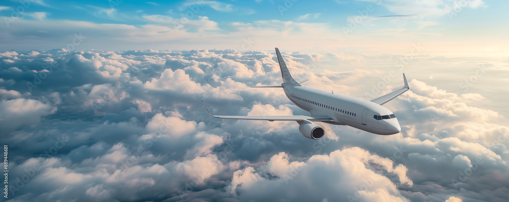 Fototapeta premium A modern airplane flying among white clouds, view from the outside.