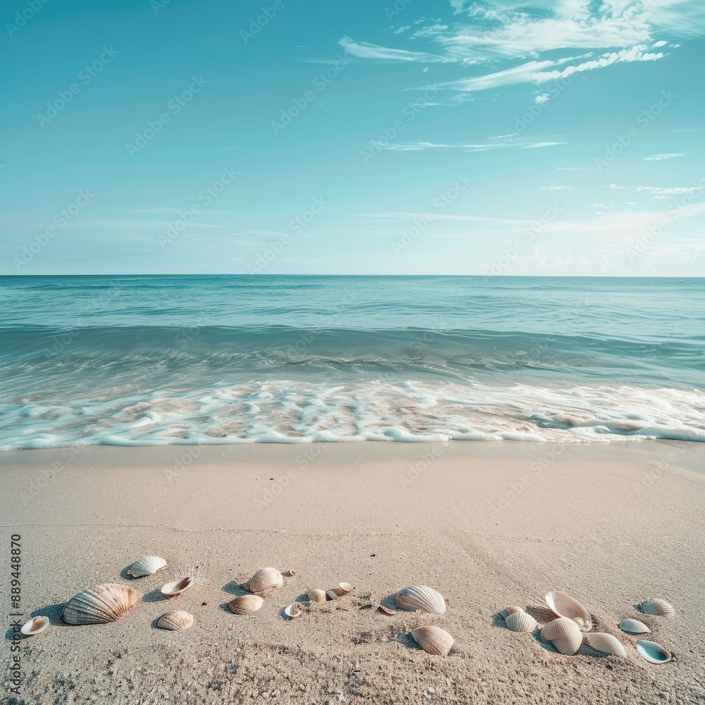 A calm summer sea meets an empty sand beach adorned with shells. The photo offers a tranquil scene with generous copy space. A calm summer sea meets an empty sand beach adorned with shells. The photo offers a tranquil scene with generous copy space.