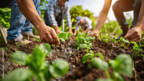 Group of people working in a garden, planting and tending to young vegetable plants in the soil under the bright sunlight.