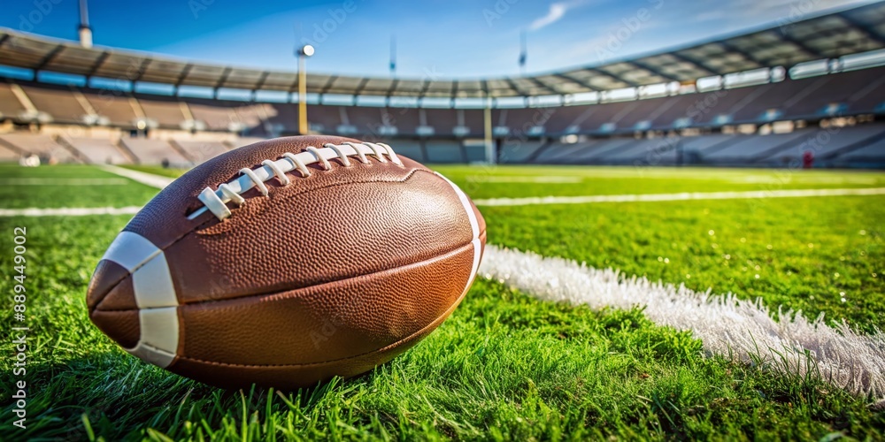 Obraz premium Lone football lies diagonally on lush green turf, its brown leather panels and white laces contrasting with the vibrant grass and empty stadium surroundings.