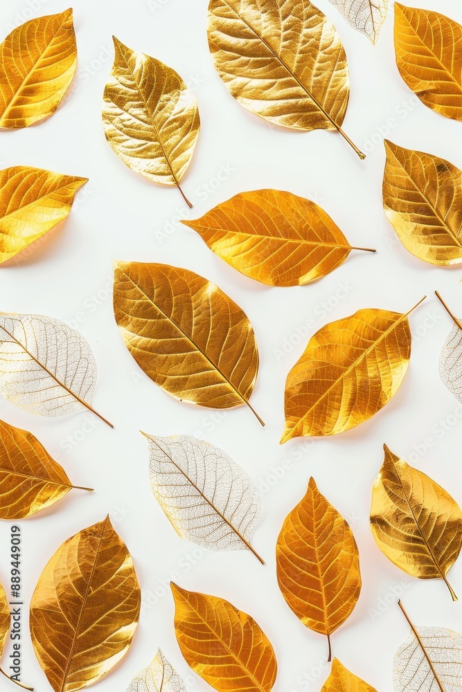 A close up of gold leaves on a white background. The leaves are arranged in a pattern, creating a sense of order and harmony A close up of gold leaves on a white background. The leaves are arranged in a pattern, creating a sense of order and harmony