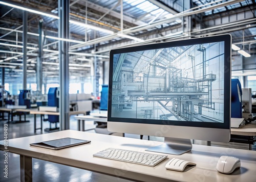 Modern desktop computer displays technical drafts and drawings on screen, set against a background of an industrial design facility with machinery and workstations. photo