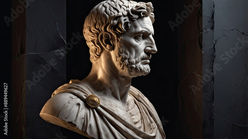 Marble bust of a bearded man with intricate details and dramatic lighting, evoking a sense of classical antiquity and timeless artistry. Perfect for history and art themes. photo