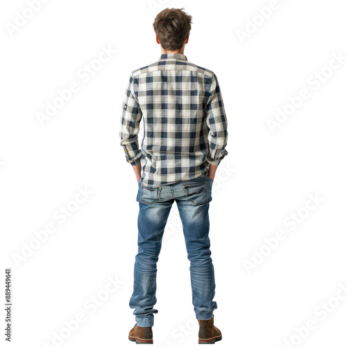 young man plaided shirt model standing back view full body