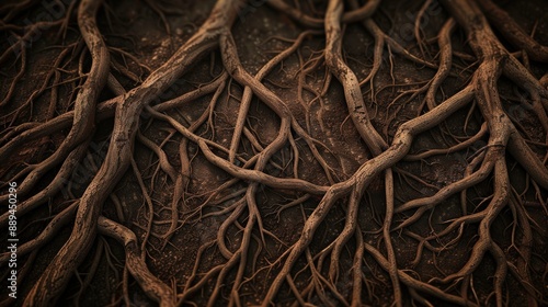 A close up of tree roots that are black and brown. The roots are twisted and gnarled, giving the impression of a tangled mess. Scene is one of mystery and intrigue