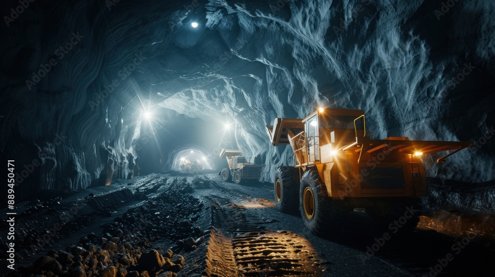 A truck is traveling through a tunnel with a dark, moody atmosphere A truck is traveling through a tunnel with a dark, moody atmosphere