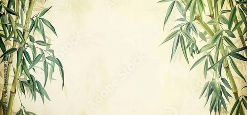 Art drawing of tropical plants and bamboo on textured wallpaper in the interior