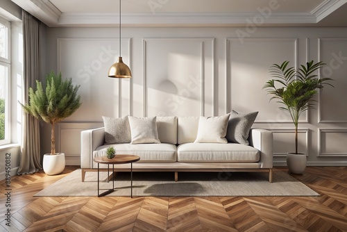 Sleek white sofa situated on rich wooden parquet flooring amidst minimalist modern living room  exuding Scandinavian elegance and sophistication in neutral tones.