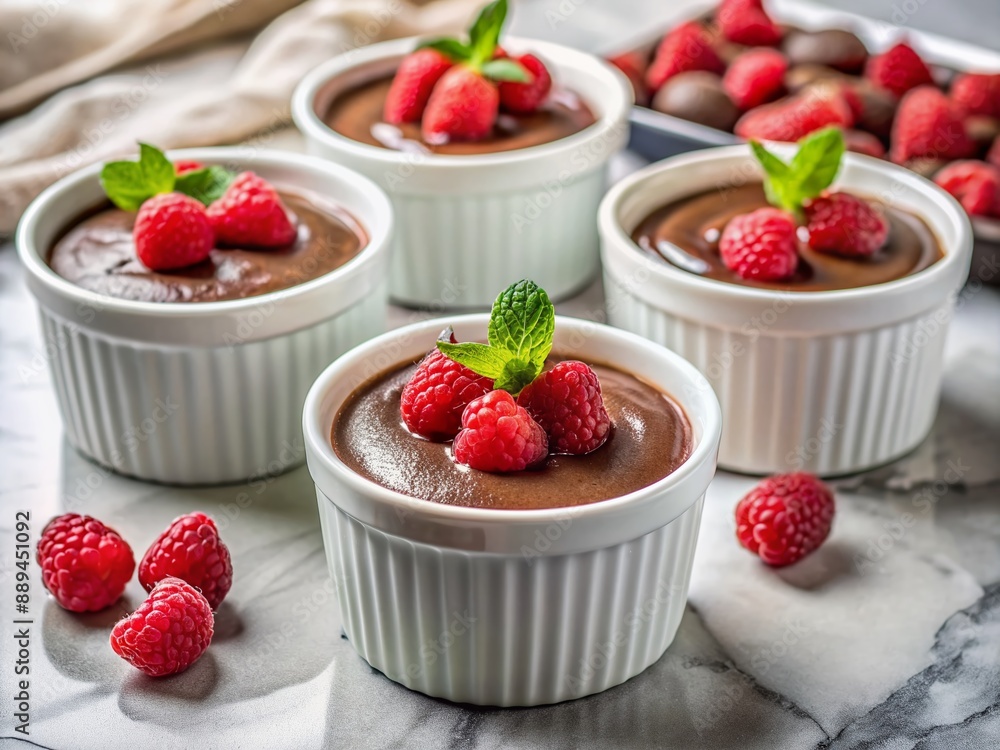 Rich, creamy chocolate pots de creme desserts in white ramekins, topped with fresh raspberries, placed on a marble surface with ample copy space for text. Rich, creamy chocolate pots de creme desserts in white ramekins, topped with fresh raspberries, placed on a marble surface with ample copy space for text.