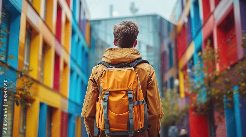 Student making a comeback to campus, back to school concept, editorial advertising photography, vibrant and energetic atmosphere, empty copy space for text on side