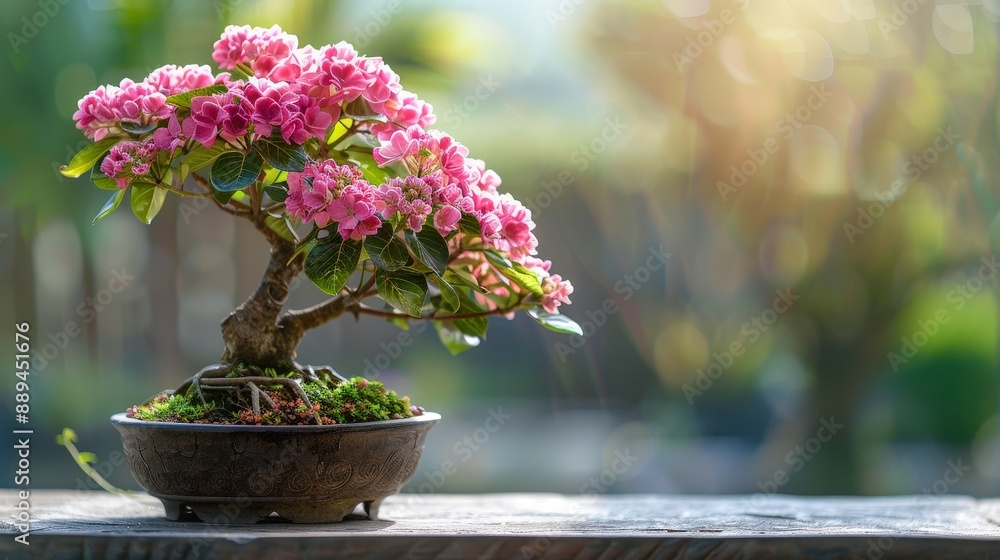 Vibrant hydrangea bonsai tree with pink flowers in a sunny garden Vibrant hydrangea bonsai tree with pink flowers in a sunny garden