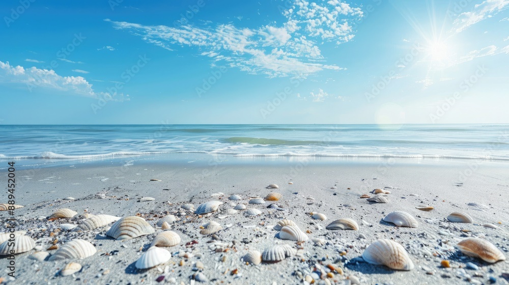 A serene empty sand beach with scattered shells, providing a perfect backdrop for a summer sea scene. The expansive copy space can be seen in the foreground. A serene empty sand beach with scattered shells, providing a perfect backdrop for a summer sea scene. The expansive copy space can be seen in the foreground.