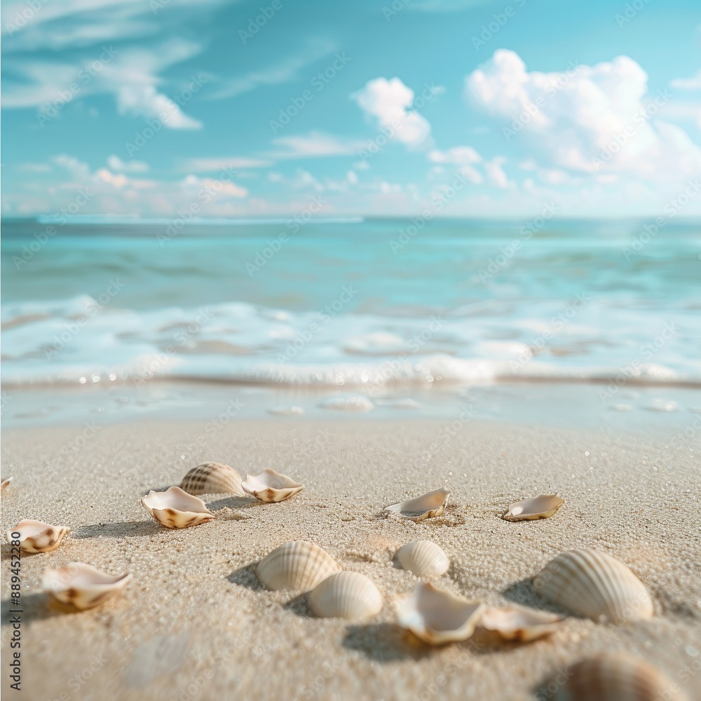 A serene empty sand beach with scattered shells, providing a perfect backdrop for a summer sea scene. The expansive copy space can be seen in the foreground. A serene empty sand beach with scattered shells, providing a perfect backdrop for a summer sea scene. The expansive copy space can be seen in the foreground.
