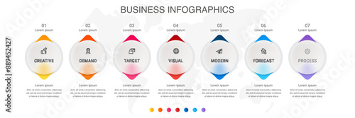 Business vector infographic design template. Circle timeline with icons and 7 seven arrows or steps. Used for process diagram, presentations, workflow layout, info graph, banner, flow chart