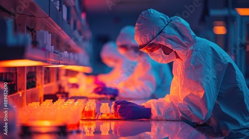 Group of astrobiologists in a sterile laboratory environment examining rock samples from Mars Using advanced analytical tools, they search for signs of microbial life and other organic compounds in photo