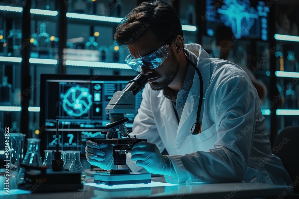 Astrobiologist working in a high-tech laboratory analyzing extraterrestrial samples under a microscope Advanced equipment and holographic displays in the background indicate cutting-edge research on Astrobiologist working in a high-tech laboratory analyzing extraterrestrial samples under a microscope Advanced equipment and holographic displays in the background indicate cutting-edge research on
