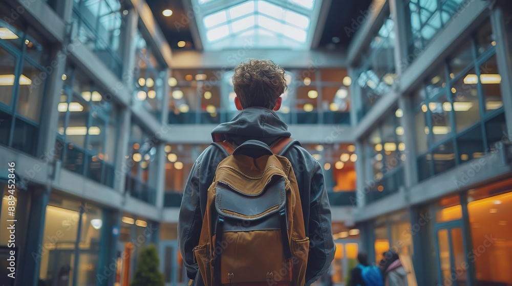 Back to school concept with a student returning to campus, editorial advertising photography, dynamic and engaging campus setting, empty copy space for text on side