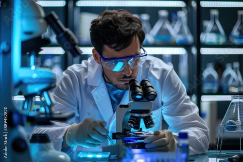 Astrobiologist working in a high-tech laboratory analyzing extraterrestrial samples under a microscope Advanced equipment and holographic displays in the background indicate cutting-edge research on photo