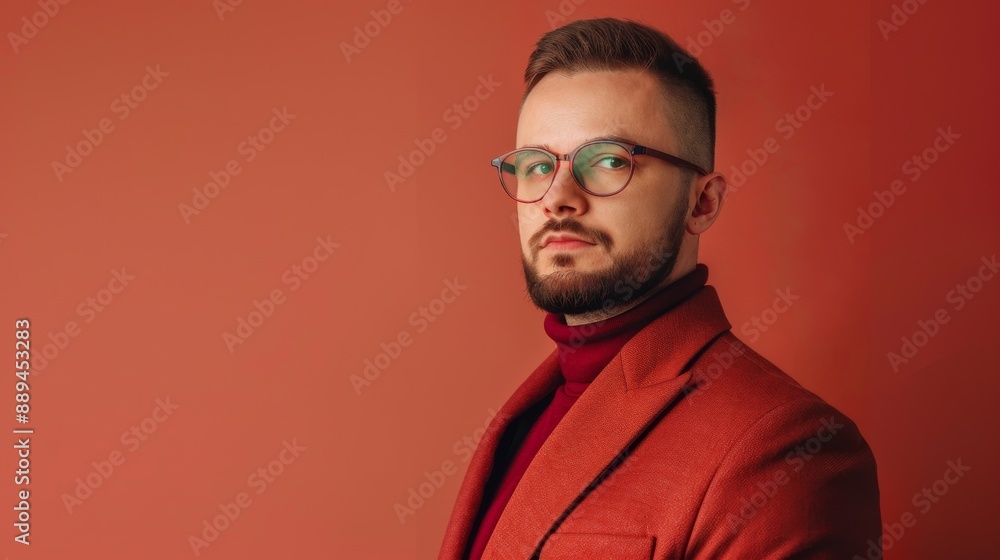 Elegant male beauty cool glasses trimmed beard red suit jacket ,standards in studio setting against red plain backdrop. Elegant male beauty cool glasses trimmed beard red suit jacket ,standards in studio setting against red plain backdrop.