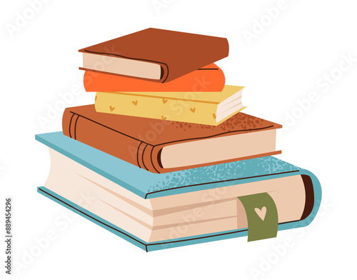 Stack of books with bookmark. Flat vector illustration isolated on white background