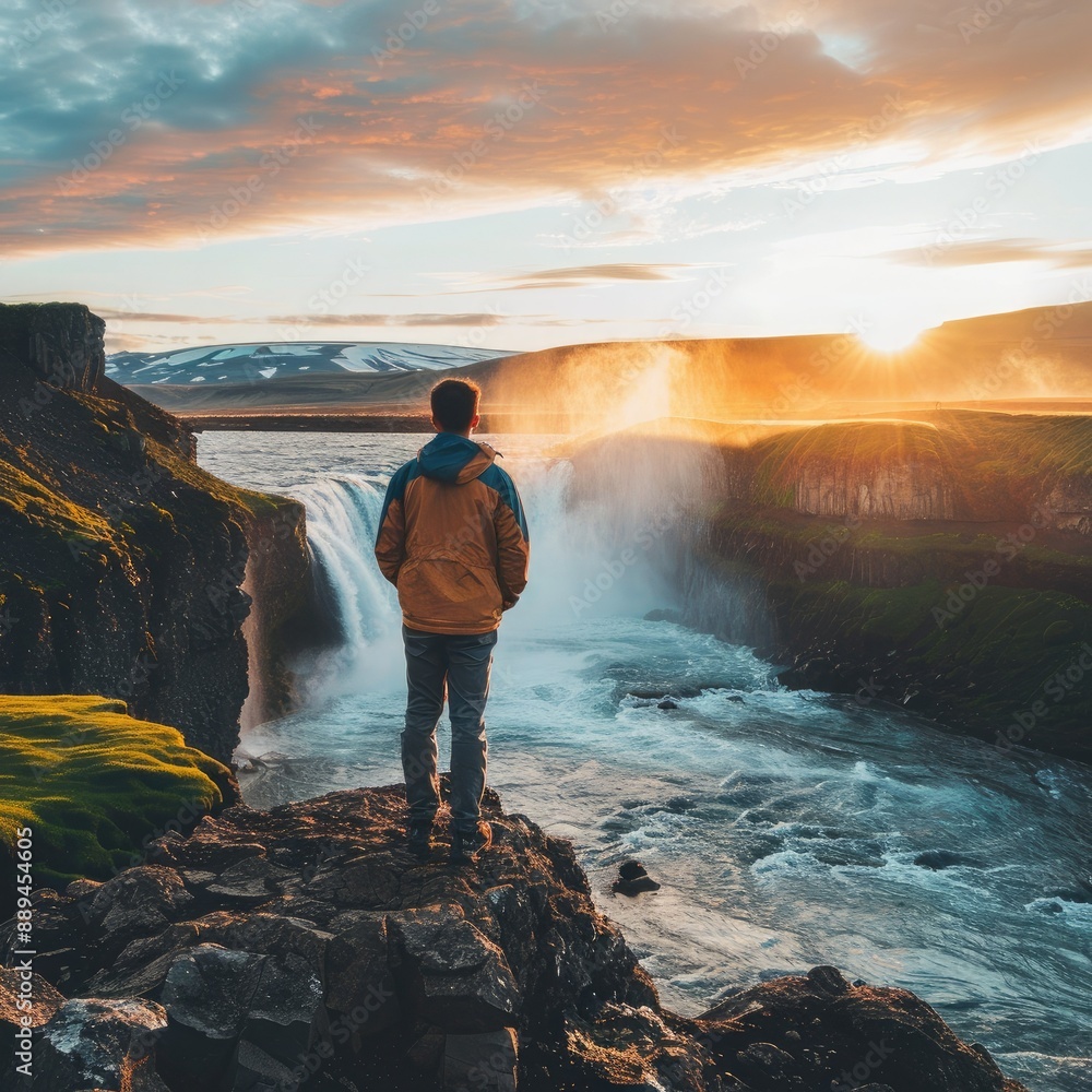 The tranquil Goðafoss waterfall flows as the sun sets in an array of colors. A male tourist in athletic wear stands on a cliff, capturing the perfect summer moment. The tranquil Goðafoss waterfall flows as the sun sets in an array of colors. A male tourist in athletic wear stands on a cliff, capturing the perfect summer moment.