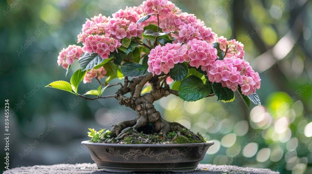 Vibrant hydrangea bonsai tree with pink flowers in a sunny garden Vibrant hydrangea bonsai tree with pink flowers in a sunny garden