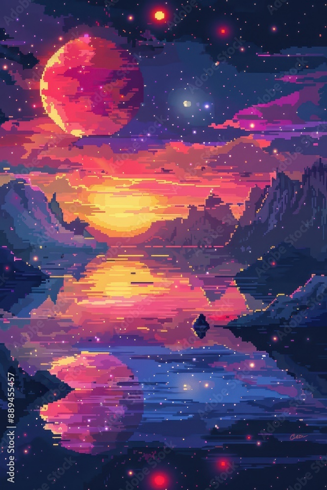 Obraz premium A colorful painting of a sunset with a large red planet in the background. The sky is filled with stars and the water is calm
