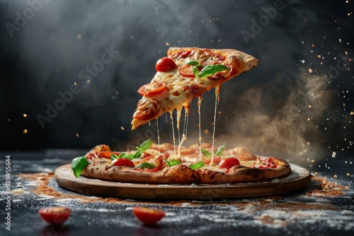 Pizza on a wooden board with ingredients scattered about